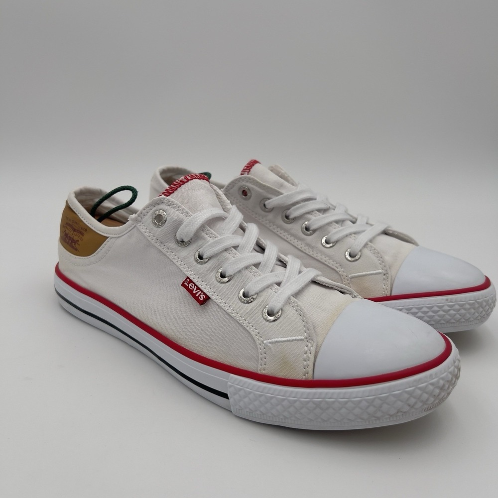 Levi's Women's White Canvas Sneakers Red Trim Cap Toe Lace Up Size 9 720238